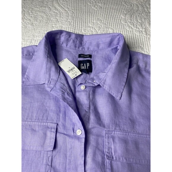 GAP Women Linen Shirt Long Sleeves Cropped Casual Minimalist Classic PURPLE XL - Picture 10 of 12
